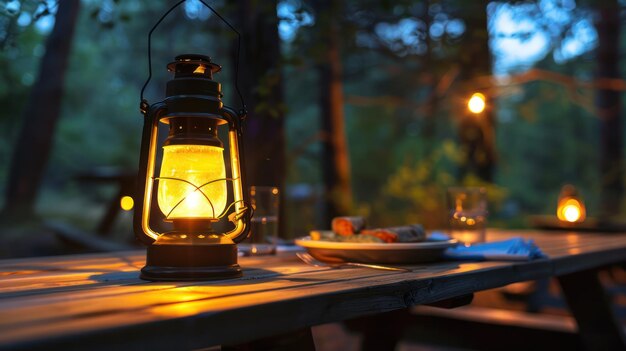 Een close-up van een campingslantaarn die een warme gloed werpt over een picknicktafel voor het diner
