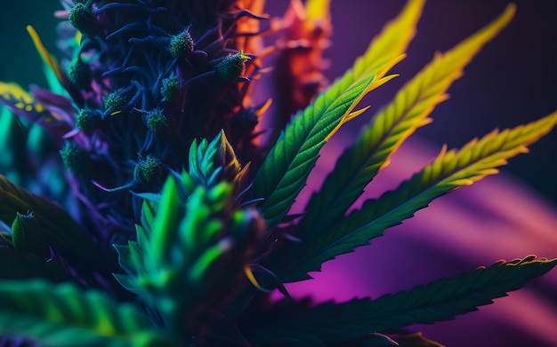 Een close-up van een cannabisplant met een paars en groen licht erachter.