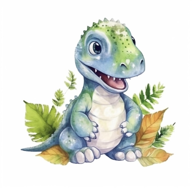 een close-up van een cartoon dinosaurus zit op een blad generatieve ai