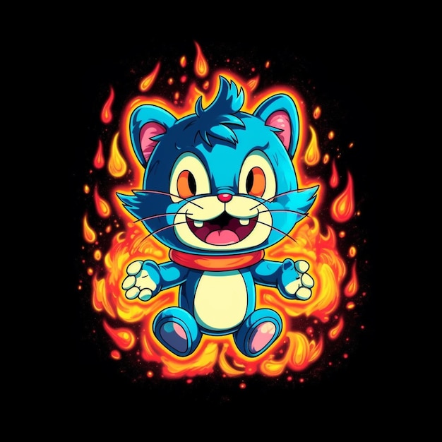 Een close-up van een cartoon kat die loopt met vuur op de achtergrond generatieve ai
