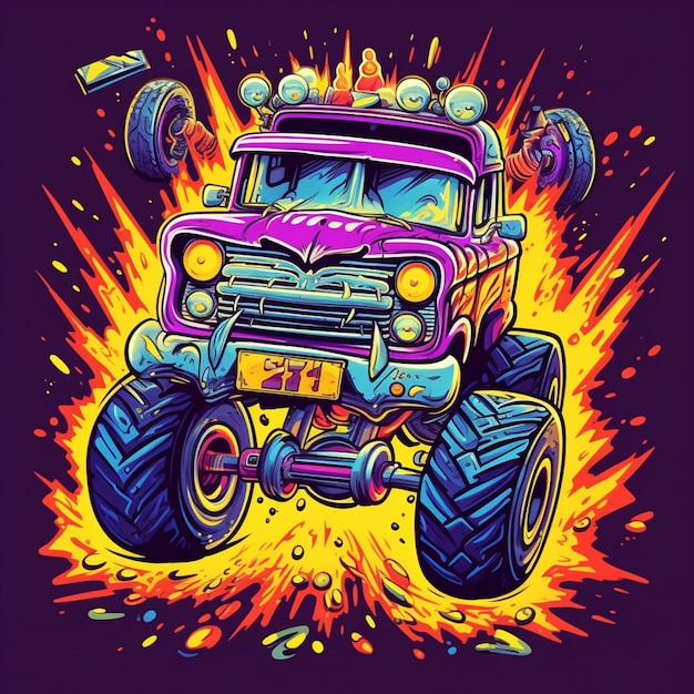 Een close up van een cartoon monstertruck met vlammen en rook generatieve ai