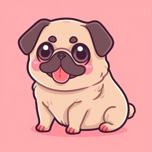 een close-up van een cartoon pug hond met een roze achtergrond generatieve ai