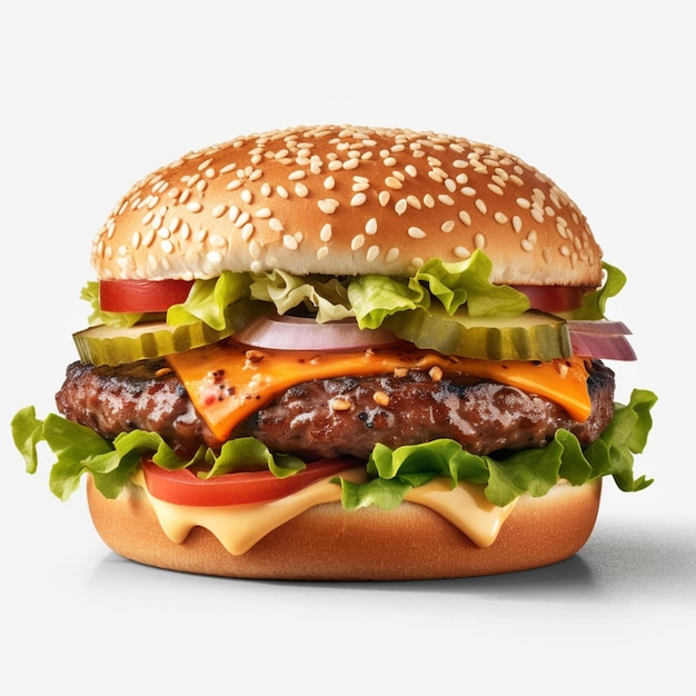 Een close-up van een cheeseburger met sla, tomaat en augurken