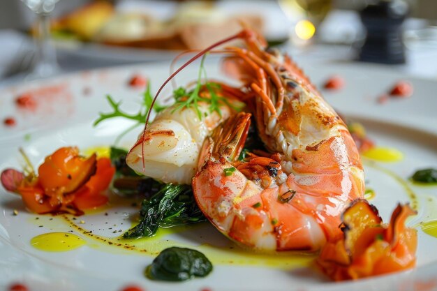 Foto een close-up van een chef-kok speciaal visgerecht het bord is een kunstwerk met de vis en bijbehorende versieringen die een prachtig eetlustwekkend beeld creëren ar 32 job id 9d5d0f7528aa4866b5c82d7c14ed2fb2