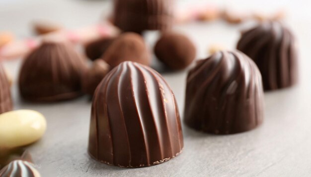 Een close-up van een chocoladetruffel met het woord chocolade aan de zijkant.