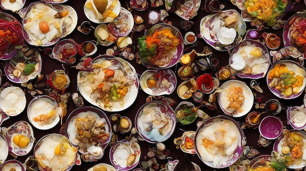 Een close-up van een Chuseok-tafel vol met traditionele gerechten en decoraties