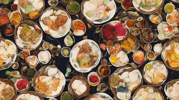 Een close-up van een Chuseok-tafel vol met traditionele gerechten en decoraties