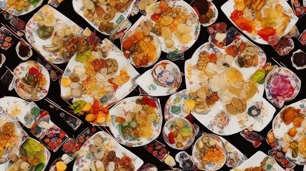 Een close-up van een Chuseok-tafel vol met traditionele gerechten en decoraties