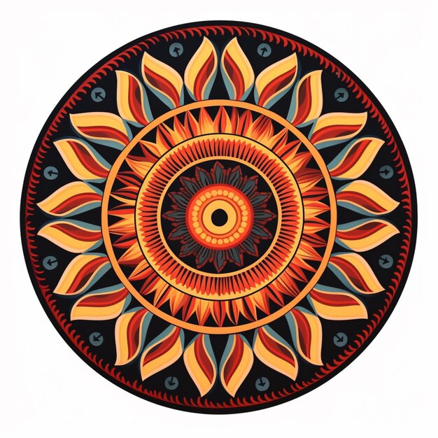 een close-up van een cirkelvormig tapijt met een zonnebloem ontwerp generatieve ai