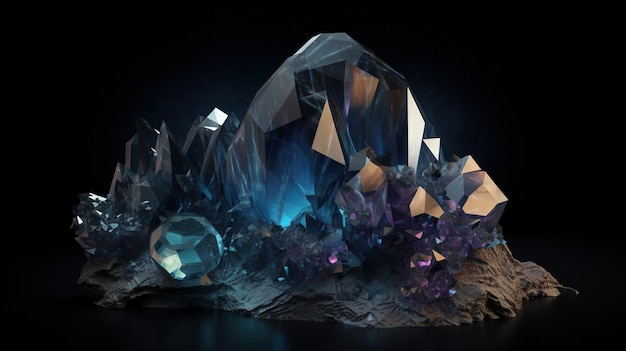 Een close-up van een cluster van kristallen met blauwe en paarse kristallen.