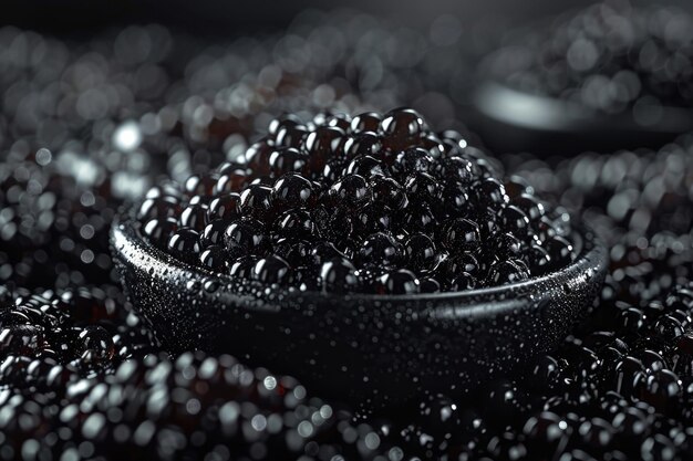 Een close-up van een cluster van zwarte kaviaar met zijn glanzende zwarte parels en delicate membranen