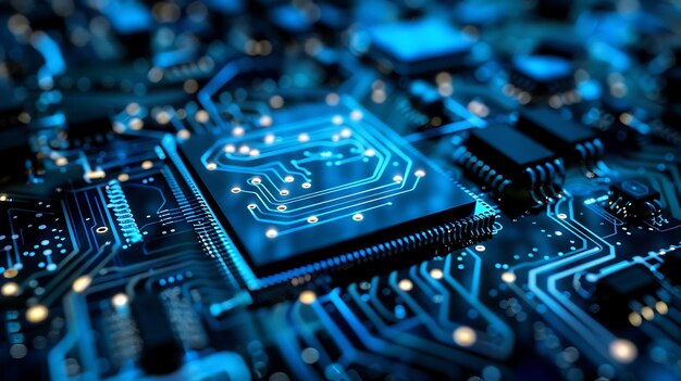 Een close-up van een computerchip op een printplaat De chip gloeit blauw en de plaat is zwart