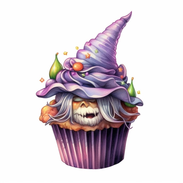 een close-up van een cupcake met een paarse hoed op de top generatieve ai
