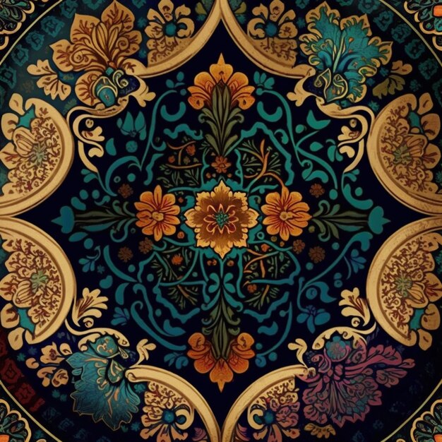 een close-up van een decoratieve plaat met een bloemontwerp generatieve ai