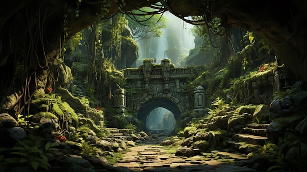 Een close-up van een digitaal schilderij van een jungle met een stenen structuur