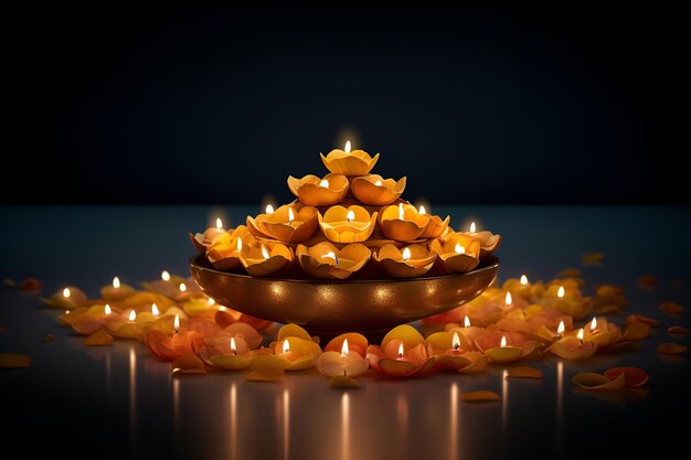 Foto een close-up van een diwali diya arrangement in het donkere diwali viering concept