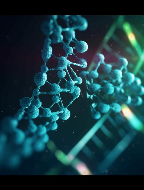 Een close-up van een dna-streng met een blauwe achtergrond en het woord dna erop.