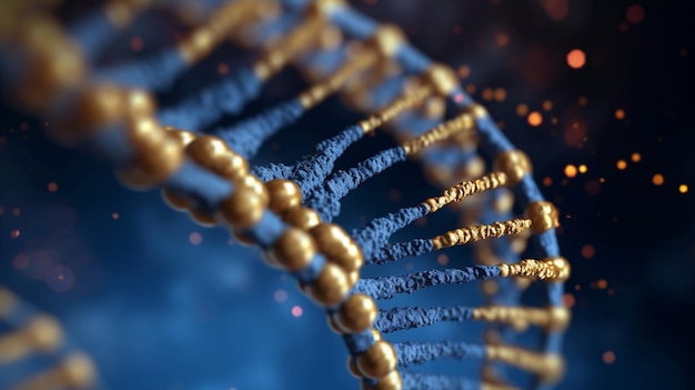Een close-up van een DNA-streng met een blauwe achtergrond.