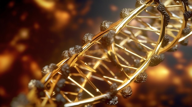 Een close-up van een dna-streng met gouden en zilveren stenen