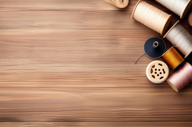 Een close-up van een draadspoel en spoelen op een houten tafel generatieve ai