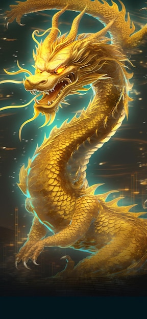 Een close-up van een draak met een gouden lichaam en een blauwe achtergrond generatieve ai