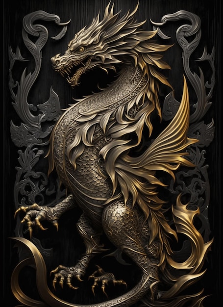 Een close-up van een draak op een zwarte achtergrond met gouden accenten generatieve ai