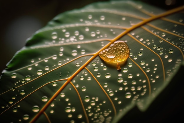 Een close-up van een enkele regendruppel op een blad die het idee van vernieuwing en de schoonheid van de natuur vertegenwoordigt