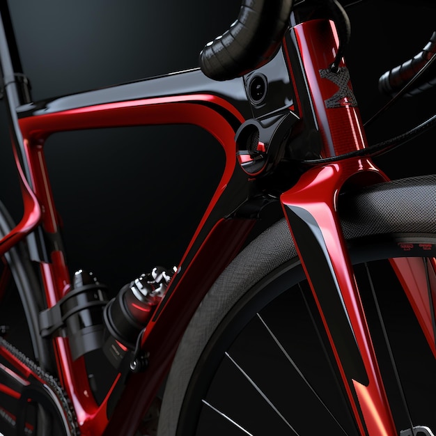 Een close-up van een fiets met een rode rem en koolstof stuur.