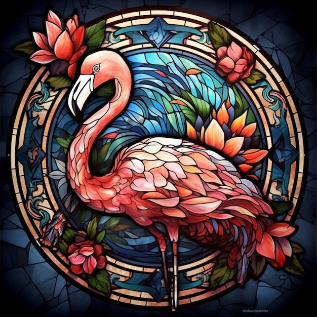 Een close-up van een flamingo die voor een generatieve ai voor een glas-in-loodraam staat