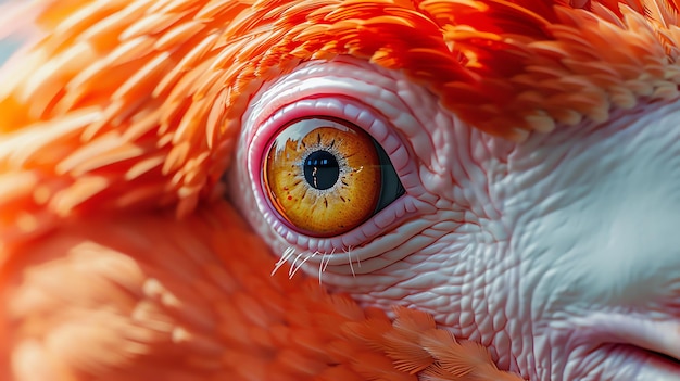 Een close-up van een flamingo's oog Het oog is een diepe oranje kleur met een zwarte pupil en een gele iris