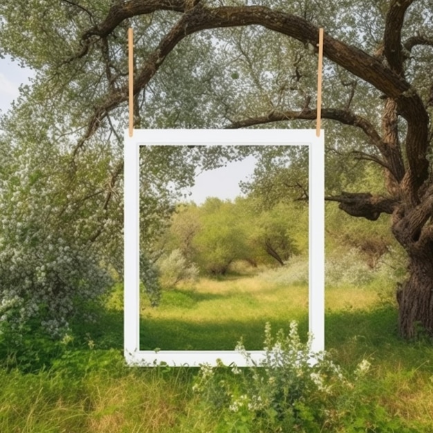 Foto een close-up van een fotolijst die aan een boom hangt in een veld generatieve ai