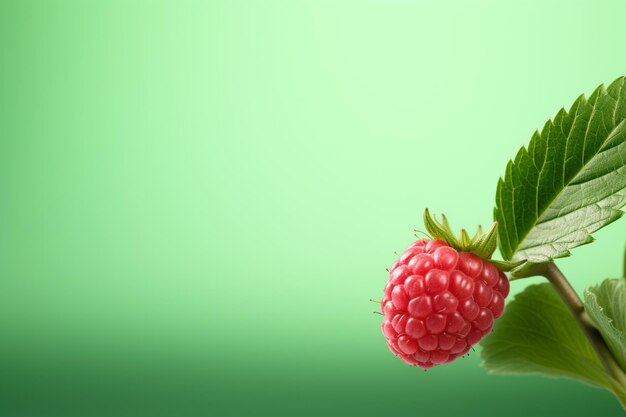 Foto een close-up van een framboos met een groene stengel op een roze achtergrond