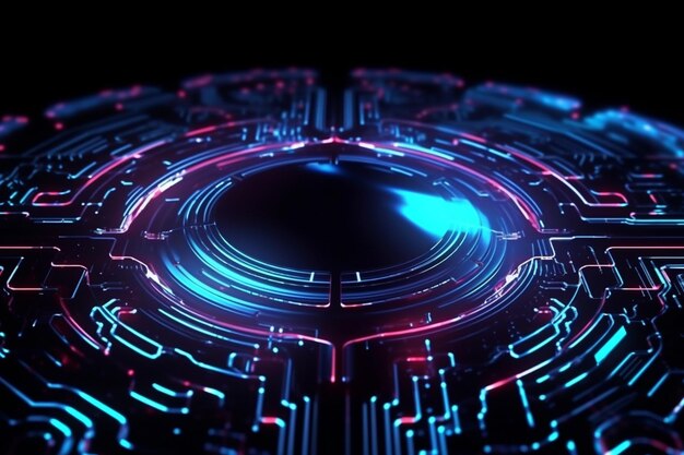 Een close-up van een futuristische computer circuit board met een gloeiende cirkel generatieve ai