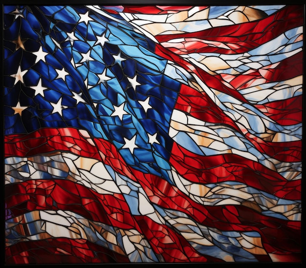 een close-up van een gebrandschilderd glas Amerikaanse vlag met sterren generatieve ai