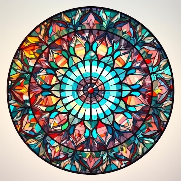Een close-up van een gebrandschilderd glasvenster met een cirkelvormig ontwerp generatief ai