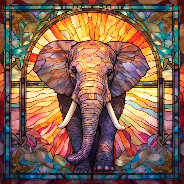 een close-up van een gekleurde glazen olifant in een gekleurd glazen frame generatieve ai