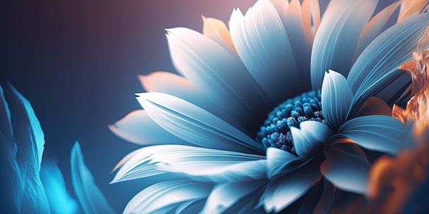 Een close-up van een generatieve AI met blauwe en oranje bloemen