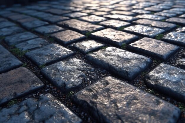 Een close-up van een geplaveide straat waar licht op schijnt