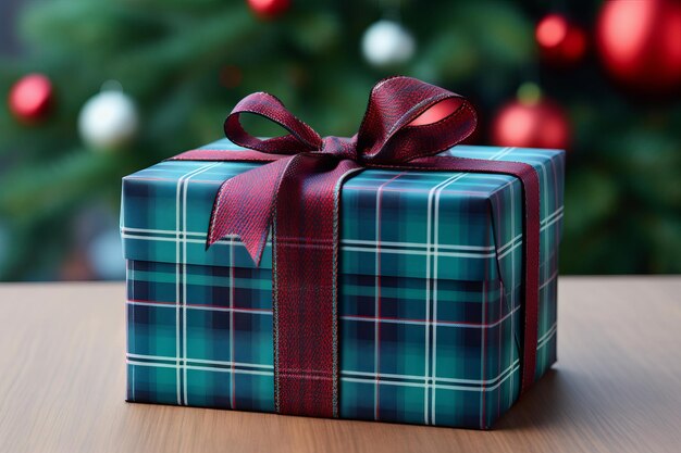 Een close-up van een geschenkdoos met een geruite patroon