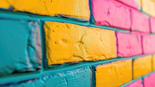 Een close-up van een geschilderde bakstenen muur met levendige gele roze en turquoise kleuren en zichtbare penseel