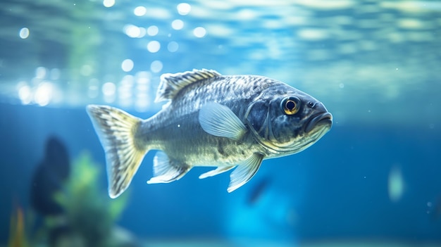 Een close-up van een gestreepte vis die zwemt in een blauwgroen aquarium met een wazige achtergrond van planten en rotsen