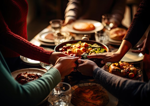 Foto een close-up van een gezin dat elkaars hand vasthoudt in een cirkel rond de thanksgiving-tafel, vastgelegd vanaf een