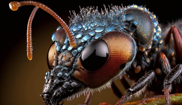 Een close-up van een gigantisch insect met blauwe ogen en blauwe ogen