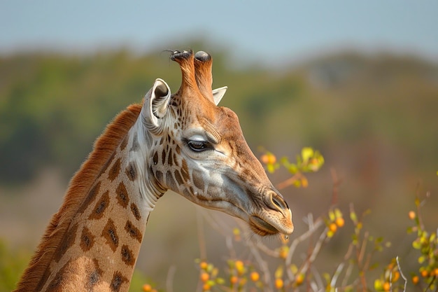 Een close-up van een giraffe met bomen
