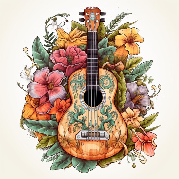 Foto een close-up van een gitaar met bloemen en bladeren eromheen generatieve ai