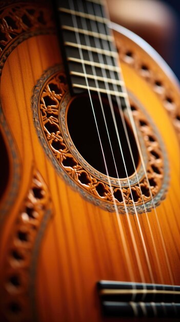 Een close-up van een gitaar met een houten fretboard ai