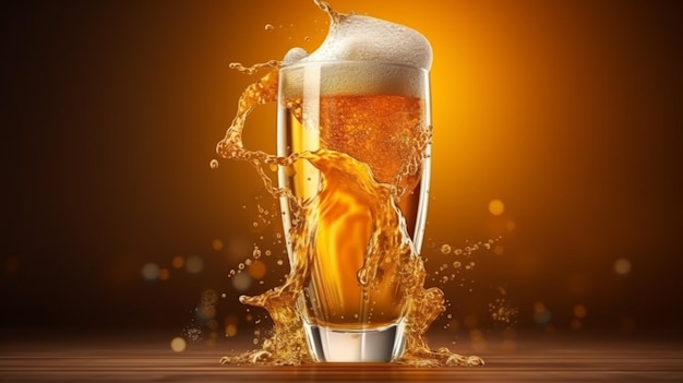 Een close-up van een glas bier met een splash van vloeibare generatieve ai