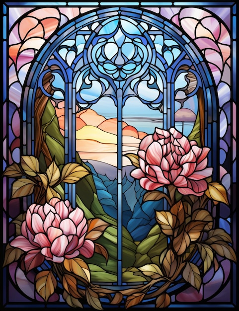 Een close-up van een glas-in-loodraam met bloemen en een berg generatieve ai