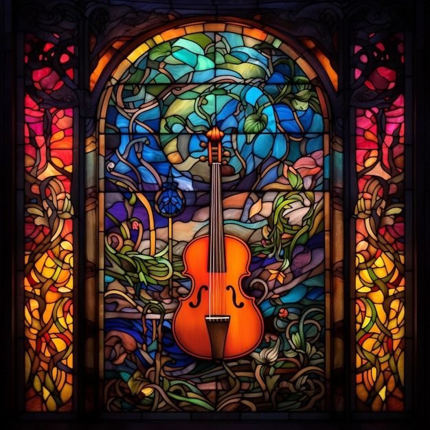 Een close-up van een glas-in-loodraam met een viool generatieve ai