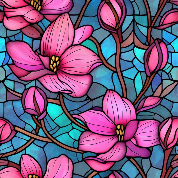 Een close-up van een glas-in-loodraam met roze bloemen generatieve ai